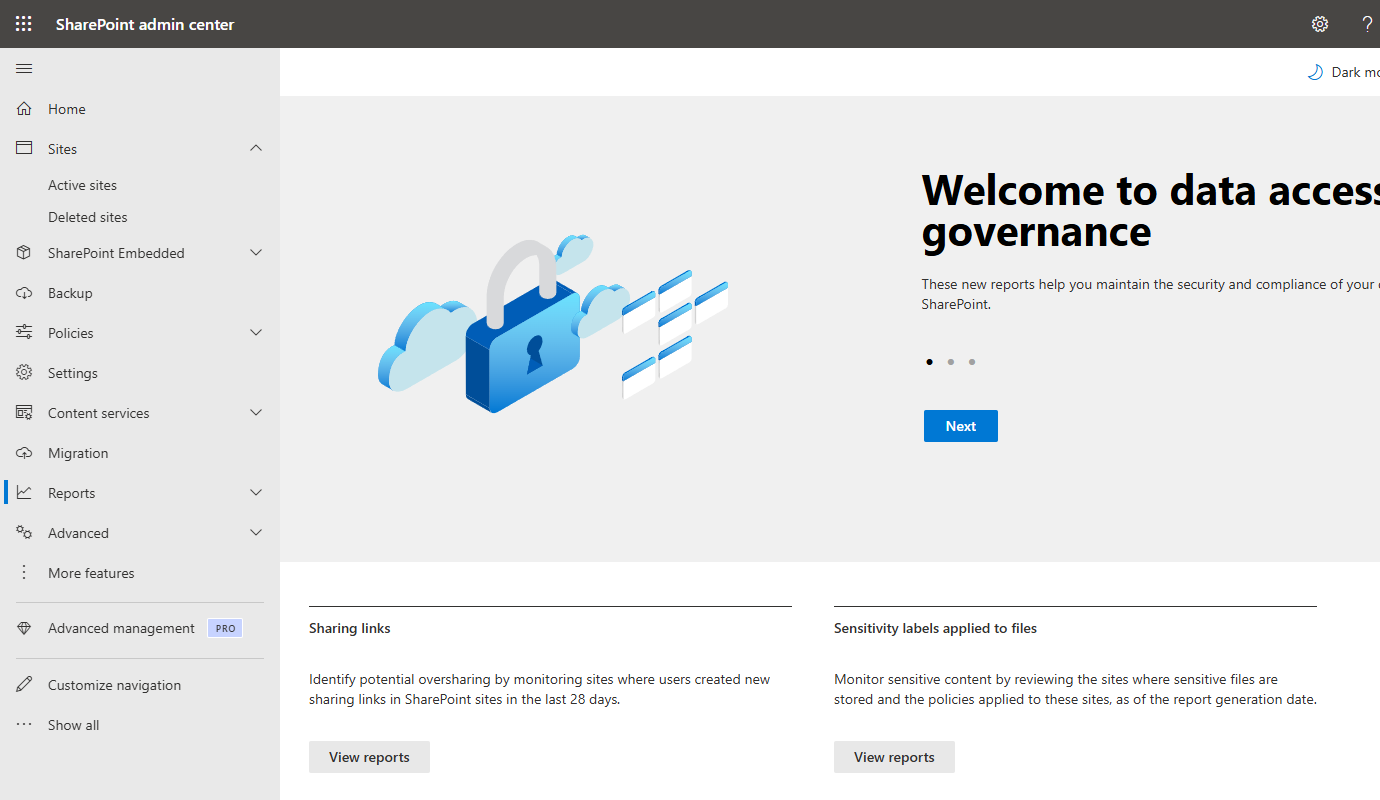 The Data access governance page in the SharePoint admin center, offering exactly two reports: Sharing links, which monitors sites where users created new sharing links in the last 28 days, and Sensitivity labels applied to files. Neither concerns permission inheritance.