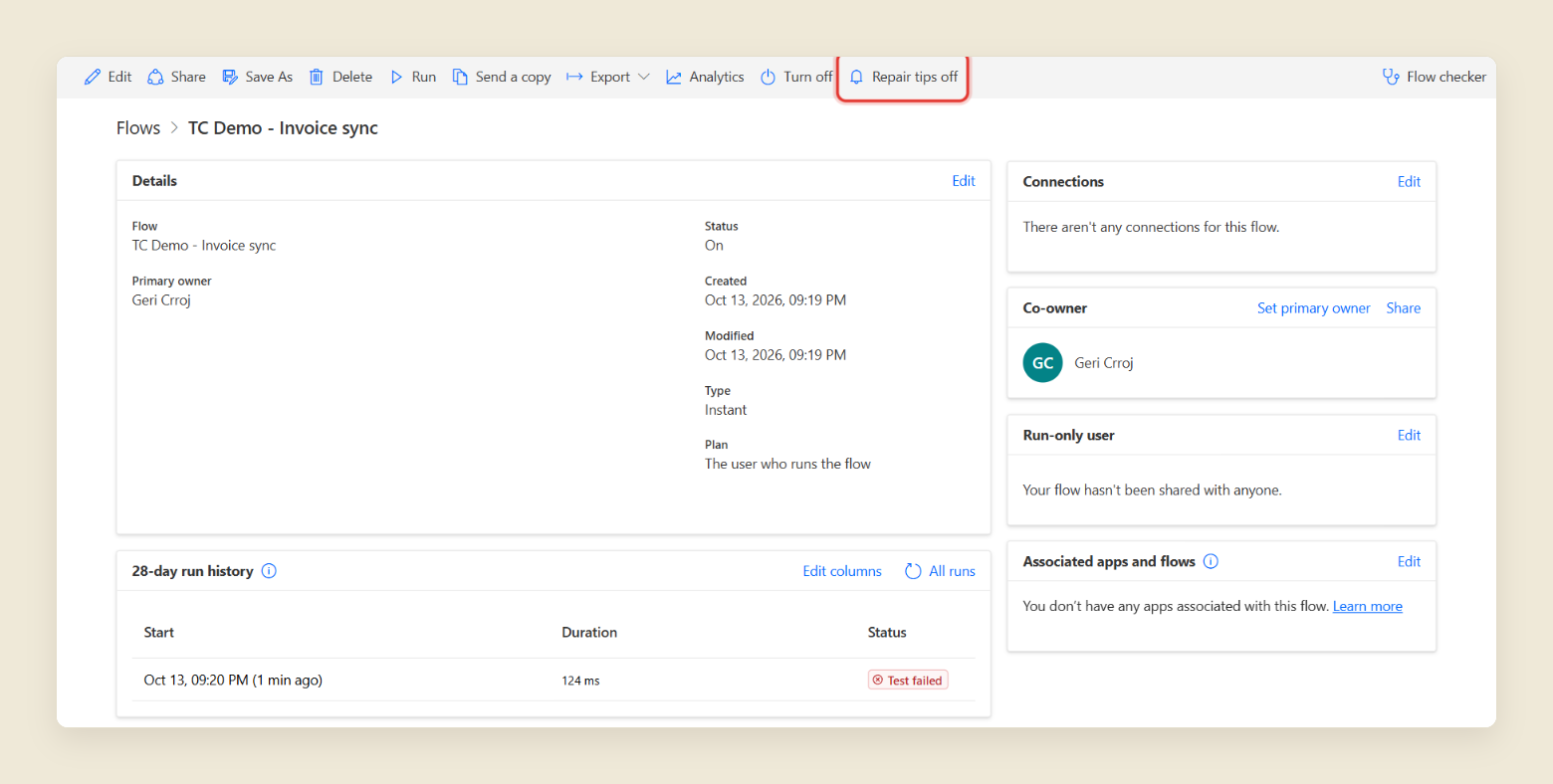 The Power Automate details page for a flow named FIN - Send weekly invoice batch. The Repair tips off button in the command bar is ringed in red. Below, the 28-day run history card shows one run with a red Test failed badge.