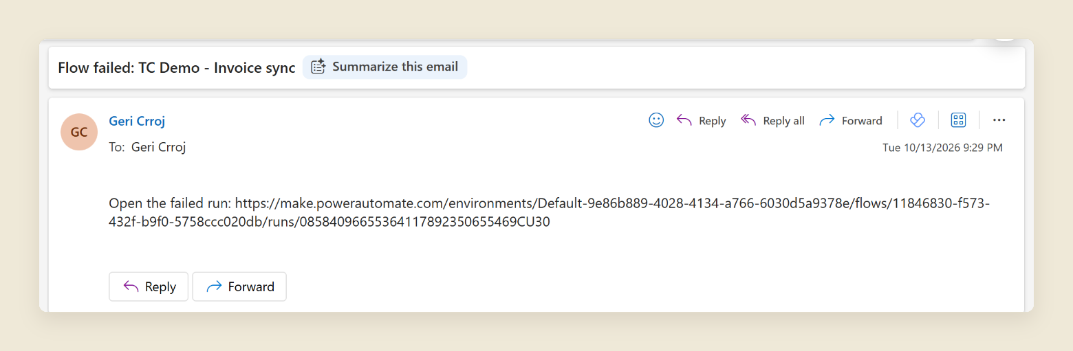 An Outlook email with the subject Flow failed: FIN - Send weekly invoice batch, sent Tue 10/13/2026 at 9:29 PM. The body reads Open the failed run, followed by a make.powerautomate.com link to the specific run.