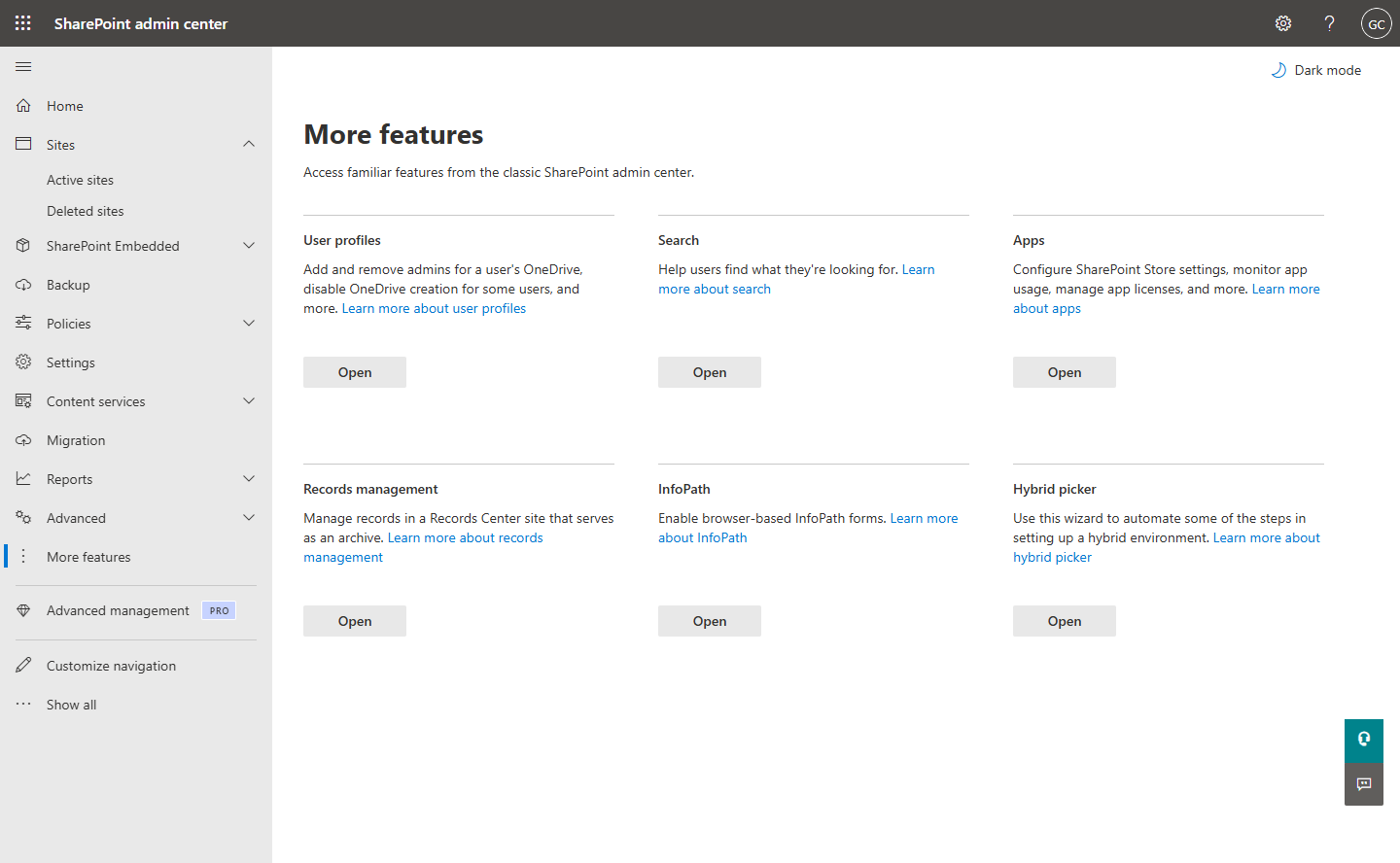 The More features page in the SharePoint admin center, showing an InfoPath card described as Enable browser-based InfoPath forms with an Open button, alongside User profiles, Search, Apps, Records management and Hybrid picker