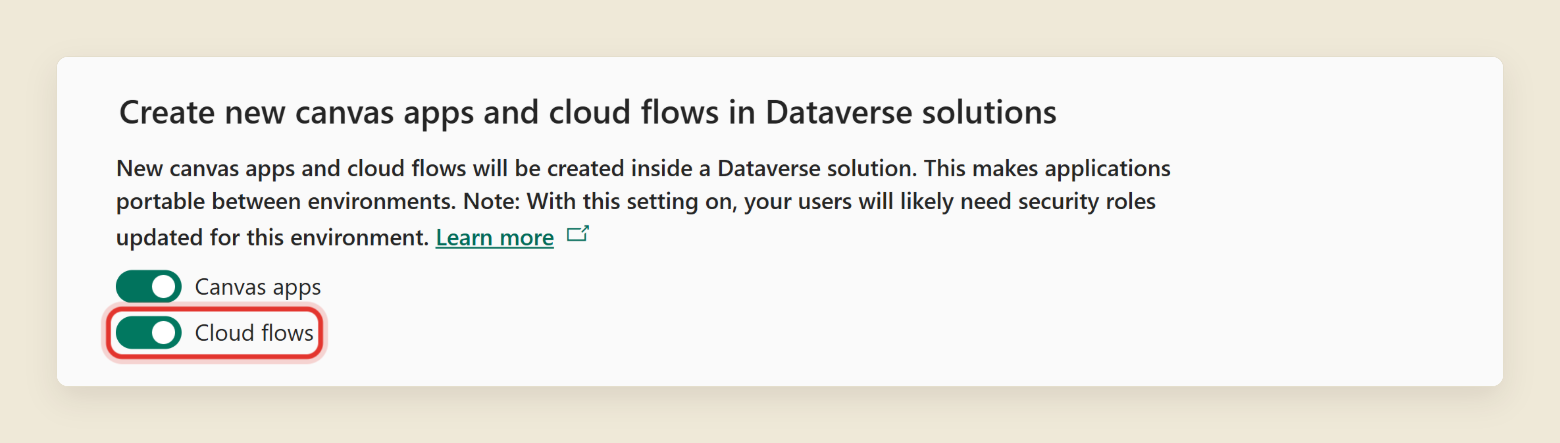 The Features page in the Power Platform admin center showing the setting Create new canvas apps and cloud flows in Dataverse solutions, with the Canvas apps and Cloud flows toggles both on and the Cloud flows toggle ringed in red.