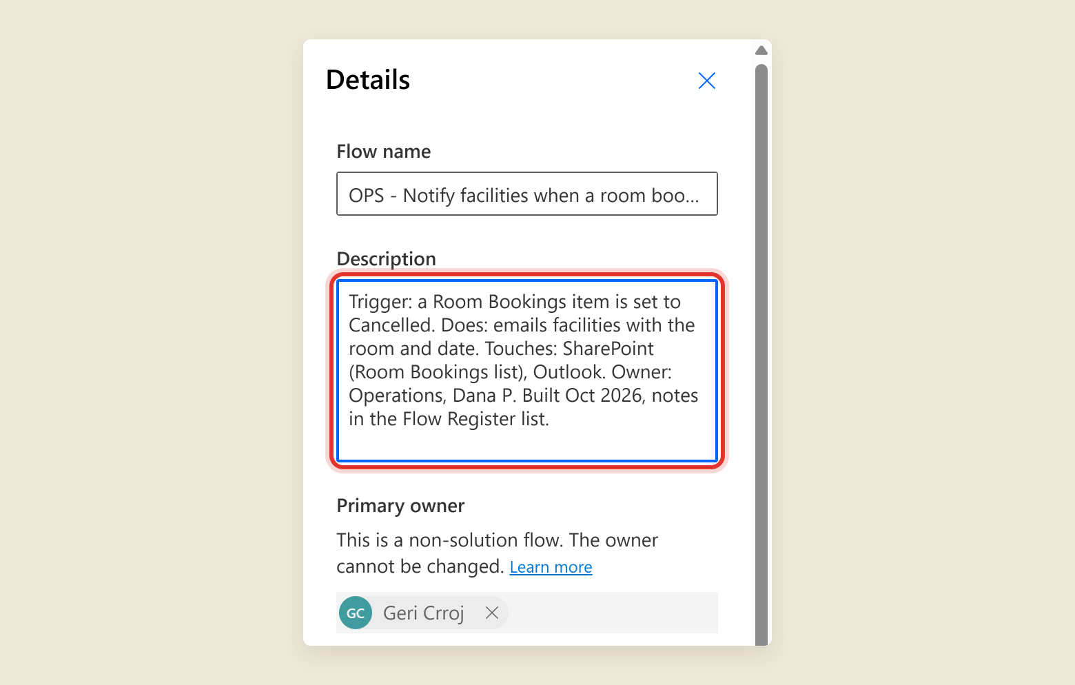 The Details panel for the OPS - Notify facilities flow. The Description box is ringed in red and reads: Trigger, a Room Bookings item is set to Cancelled. Does, emails facilities with the room and date. Touches, SharePoint Room Bookings list and Outlook. Owner, Operations. Below it, the Primary owner section says this is a non-solution flow and the owner cannot be changed.