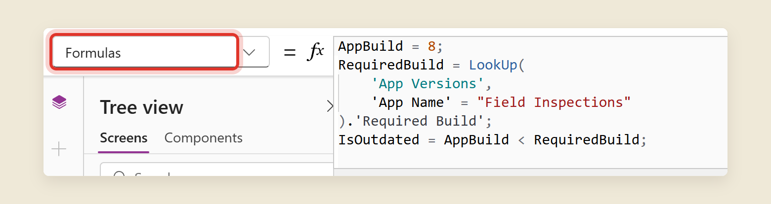 Power Apps Studio with the App object selected and the property list set to Formulas, ringed in red. The formula bar shows AppBuild = 8, RequiredBuild as a LookUp on the App Versions table, and IsOutdated = AppBuild < RequiredBuild.