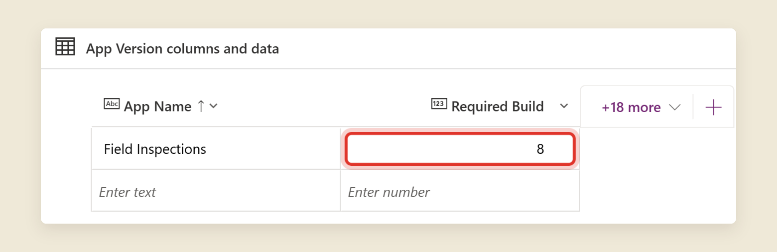 A Dataverse table called App Version in Power Apps, with one row: App Name is Field Inspections and Required Build is 8, with the Required Build value ringed in red.