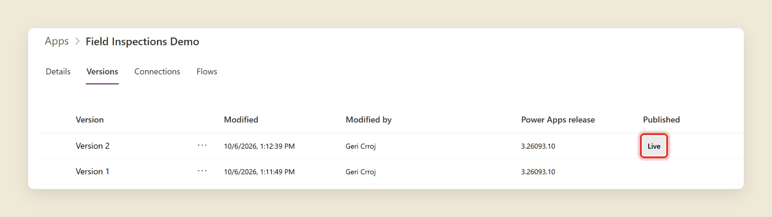 The Versions tab for the Field Inspections Demo app in Power Apps, listing Version 2 and Version 1 with their modified dates and Power Apps release 3.26093.10. Version 2 is marked Live, and the Live badge is ringed in red.