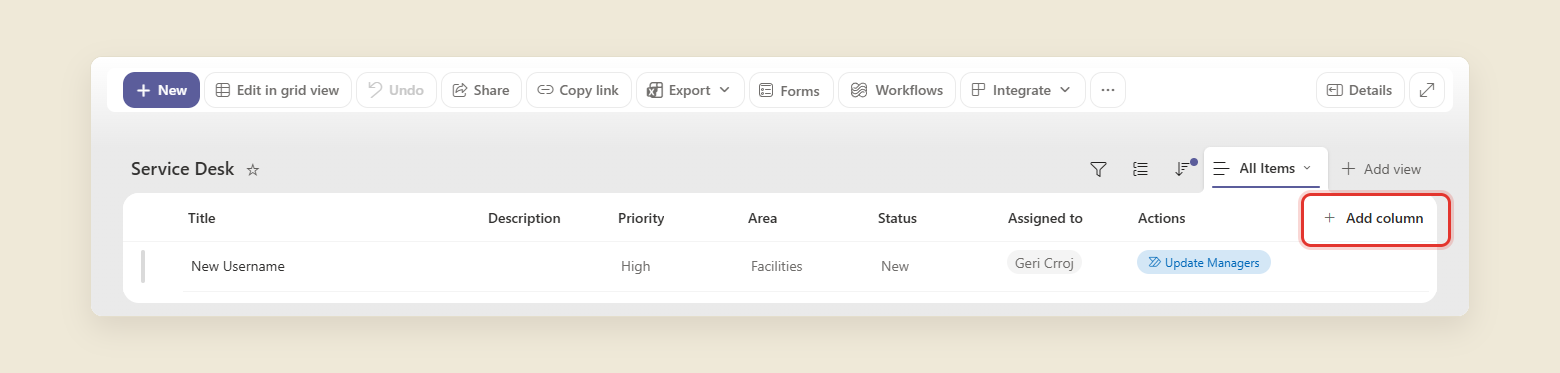 A SharePoint list command bar and column headers. The plus Add column control at the right end of the header row is circled in red.