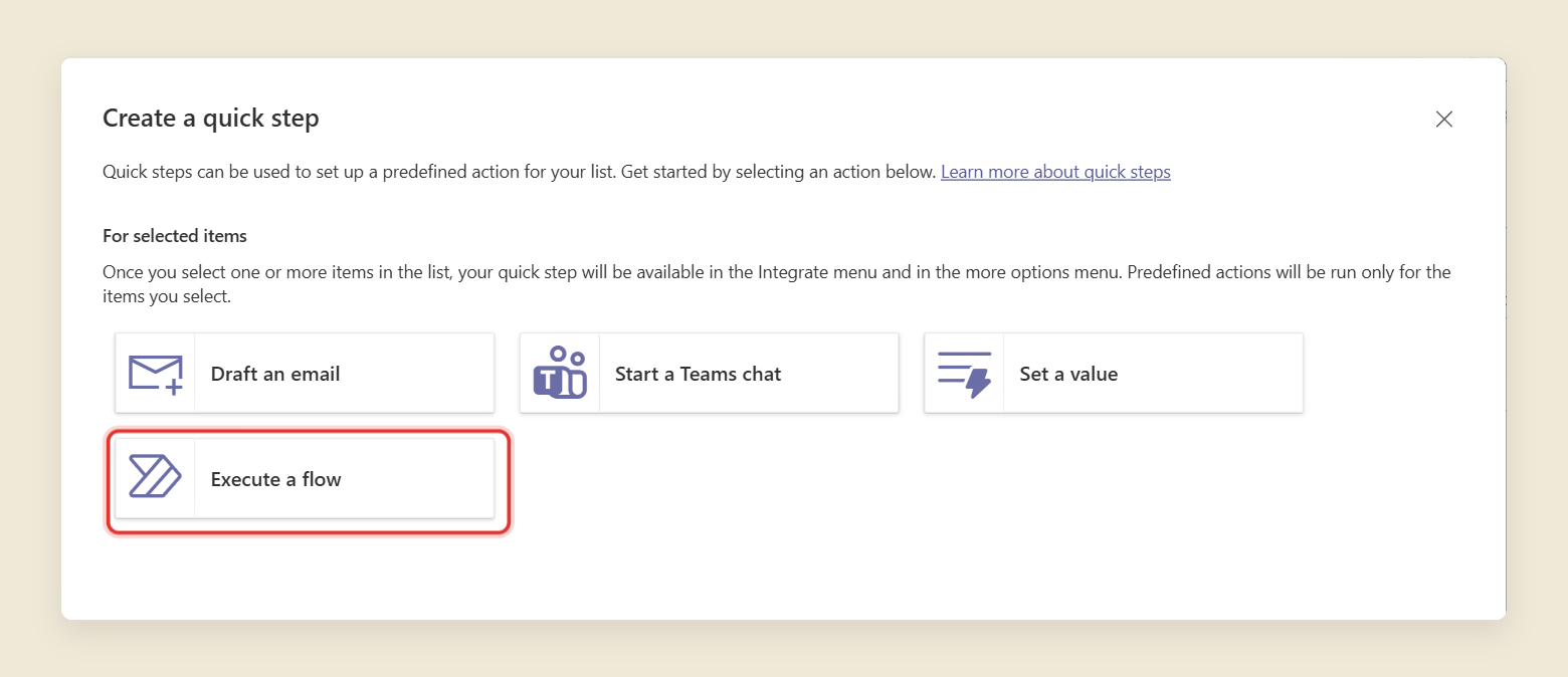 The Create a quick step dialog offering four actions: Draft an email, Start a Teams chat, Set a value, and Execute a flow. Execute a flow is circled in red.