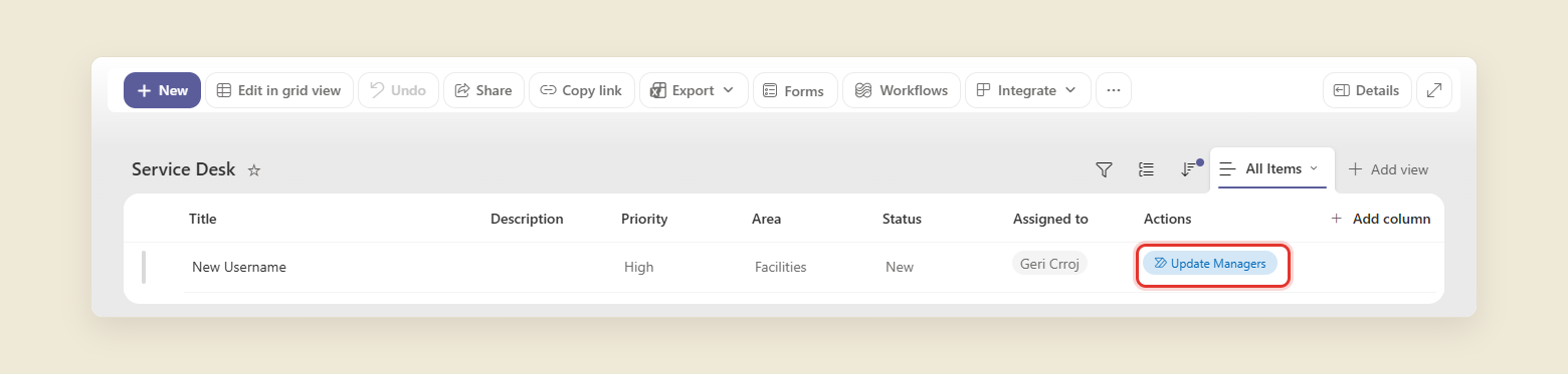 A SharePoint list called Service Desk. In a column headed Actions, the row shows a clickable blue pill button labelled Update Managers, circled in red.