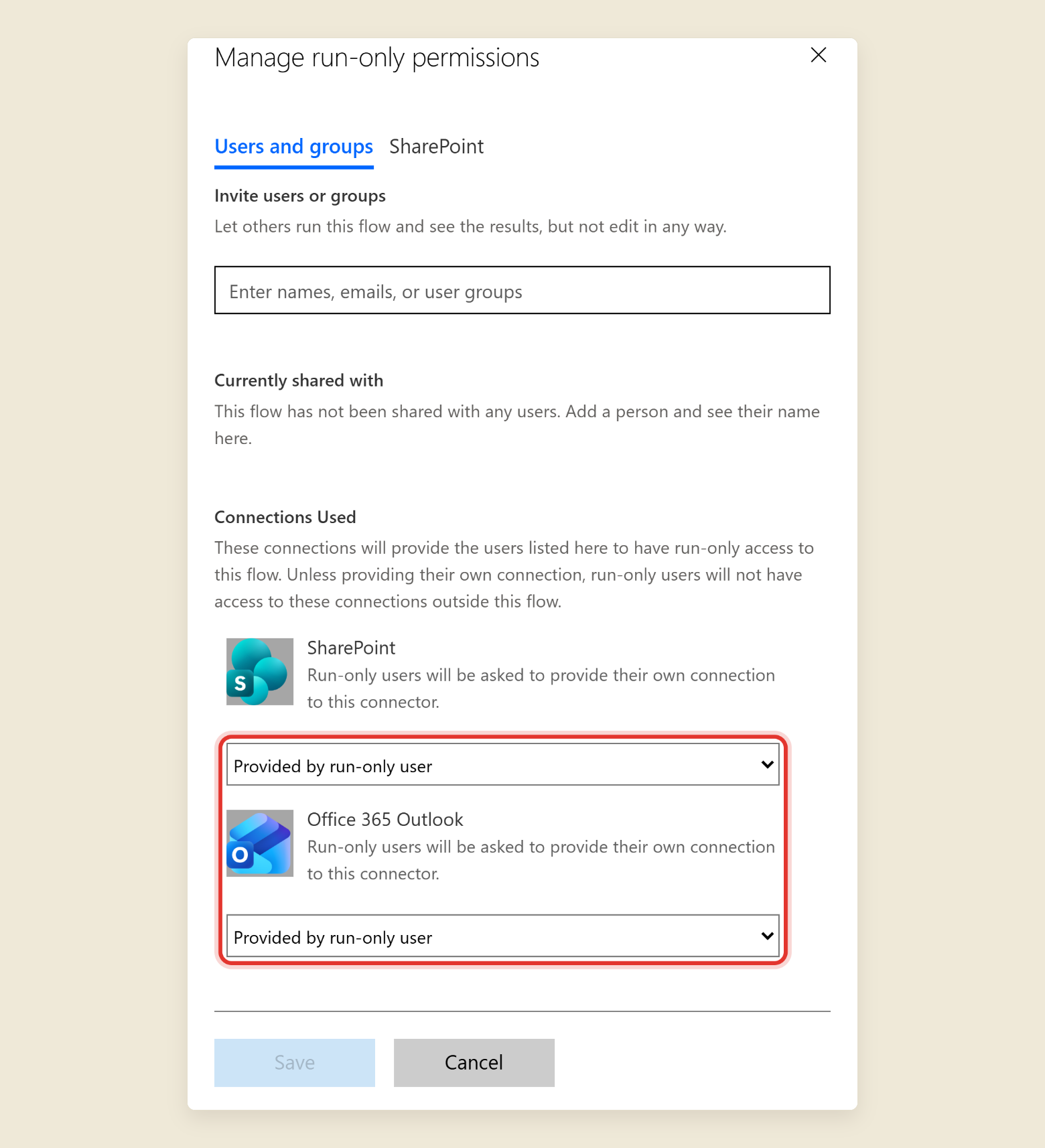 The Manage run-only permissions panel in Power Automate. It has tabs for Users and groups and SharePoint, a box to enter names, and a Connections Used section listing SharePoint and Office 365 Outlook. Both connection dropdowns read Provided by run-only user and are circled in red.
