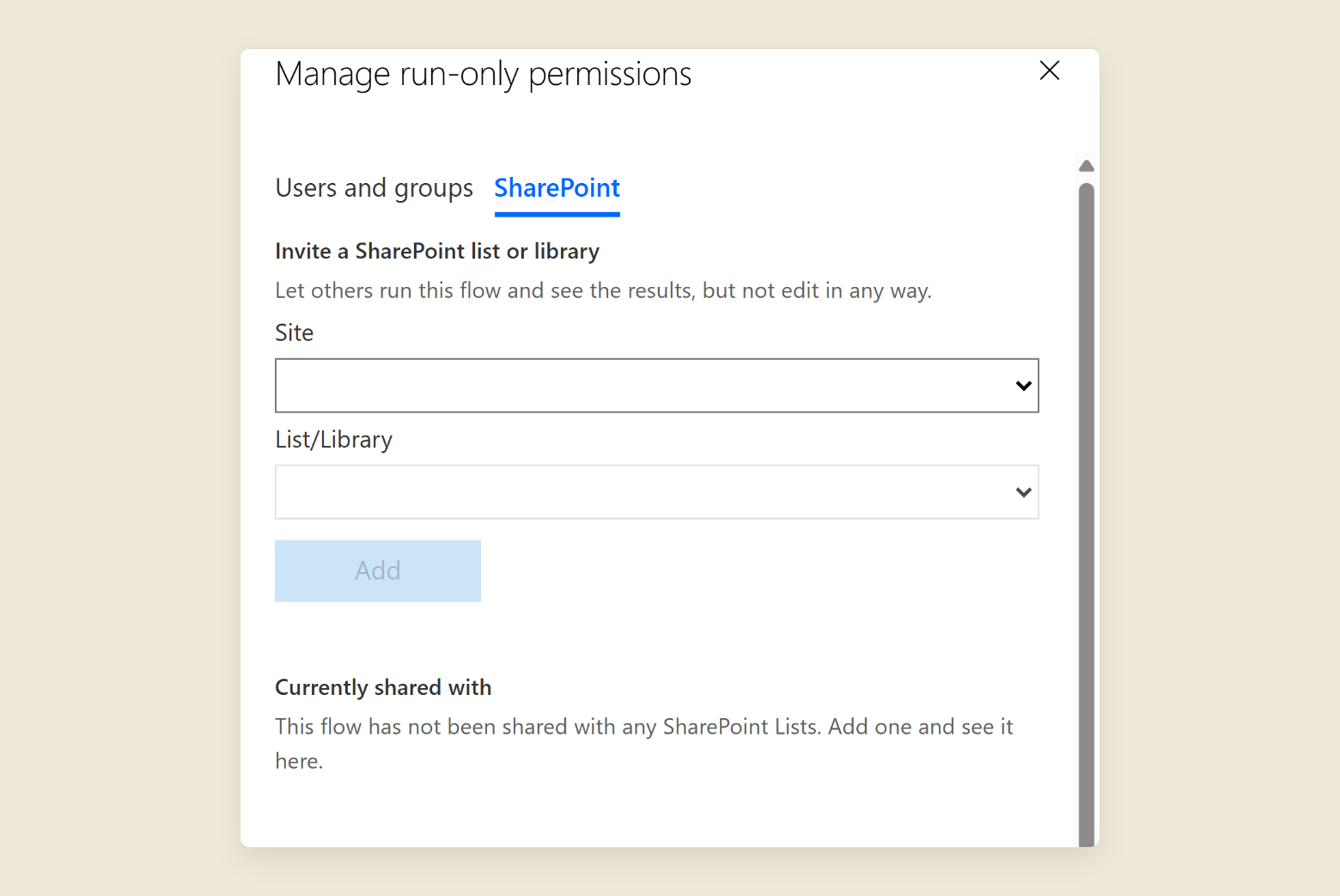 The SharePoint tab of the Manage run-only permissions panel, reading Invite a SharePoint list or library, with Site and List/Library dropdowns and an Add button.