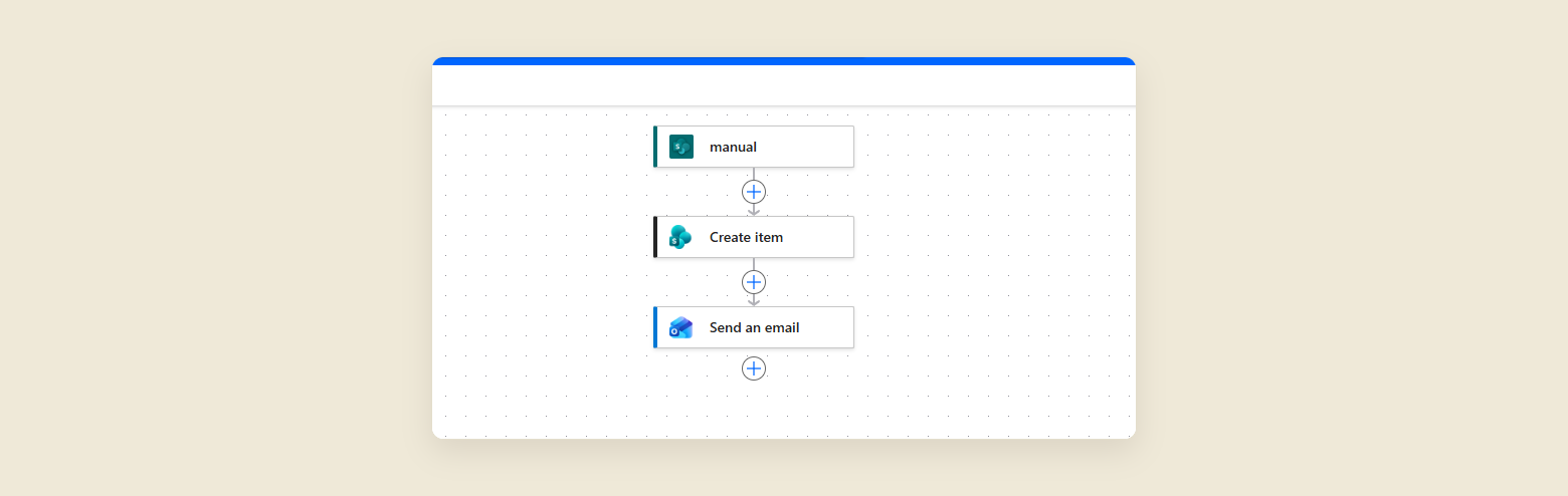 The Power Automate designer showing a flow named Add an item to SharePoint and send an email with three steps: manual, Create item, and Send an email. A panel confirms it is connected to SharePoint and Office 365 Outlook.