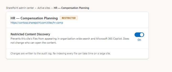 The Restricted Content Discovery setting toggled on for a SharePoint site, showing the 'Restricted' tag on the site Home tab
