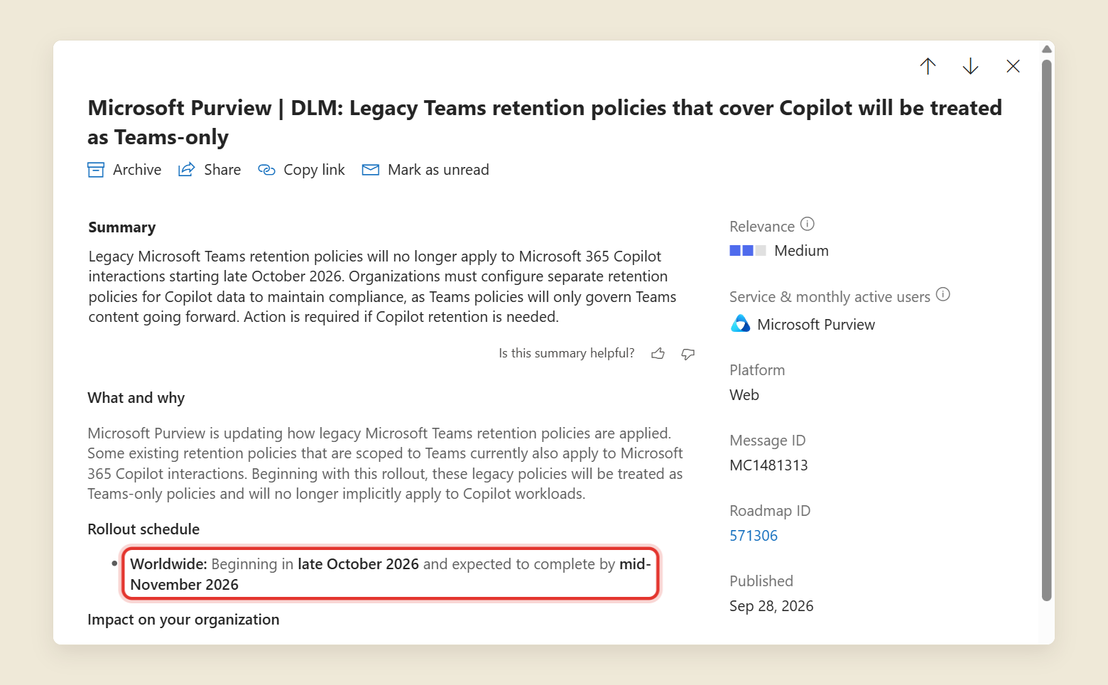 Message Center post MC1481313 in the Microsoft 365 admin center. The title reads Microsoft Purview, DLM: Legacy Teams retention policies that cover Copilot will be treated as Teams-only. The rollout schedule line is circled in red: Worldwide, beginning in late October 2026 and expected to complete by mid-November 2026. The side panel shows Message ID MC1481313 and Published Sep 28, 2026.