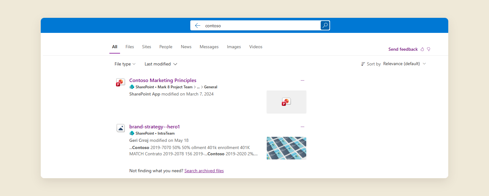 A SharePoint search results page for the word contoso, opened from the Mark 8 Project Team site. Two results appear: a PowerPoint in Mark 8 Project Team, and an image in a separate site called IntraTeam. There is no scope trail above the tabs.