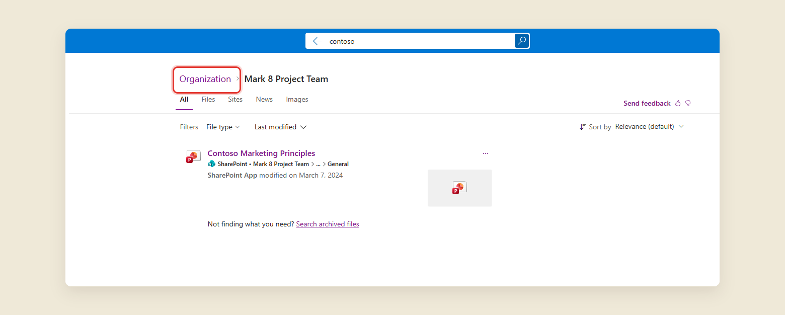 The site scoped results page with the word Organization circled in red. It sits just above the row of tabs, to the left of the site name.