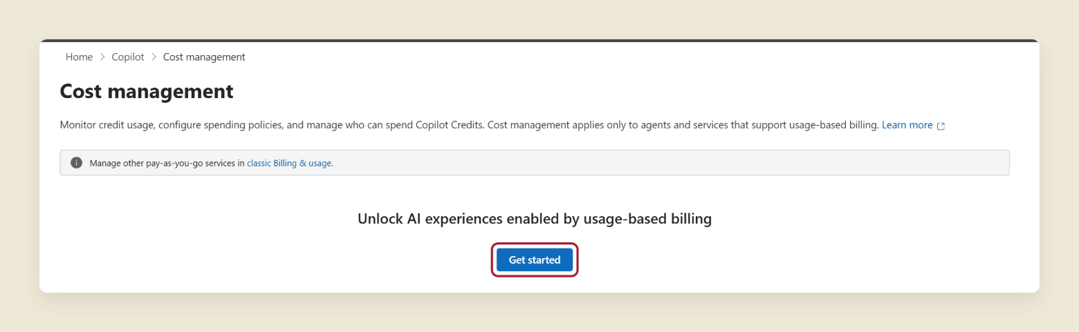 The Cost management page in the Microsoft 365 admin center, reached through Home, Copilot, Cost management. The page reads Unlock AI experiences enabled by usage-based billing, and the blue Get started button is circled in red.