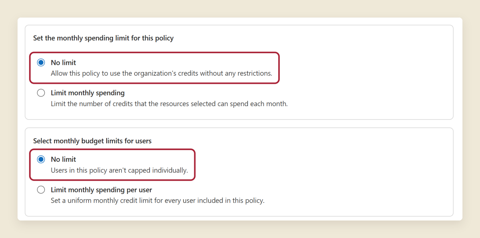 Two sections of the Activate the default spending policy panel. Under Set the monthly spending limit for this policy, No limit is selected and circled in red. Under Select monthly budget limits for users, No limit is also selected and circled. The unselected options are Limit monthly spending and Limit monthly spending per user.