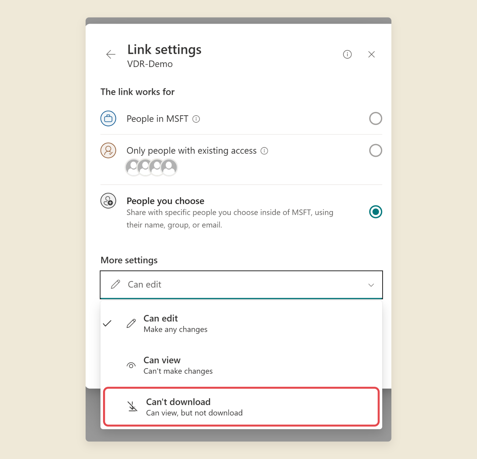 The Link settings dialog for a folder. People you choose is selected, and the permission menu is open with Can edit, Can view and Can't download. Can't download, described as Can view, but not download, is ringed.