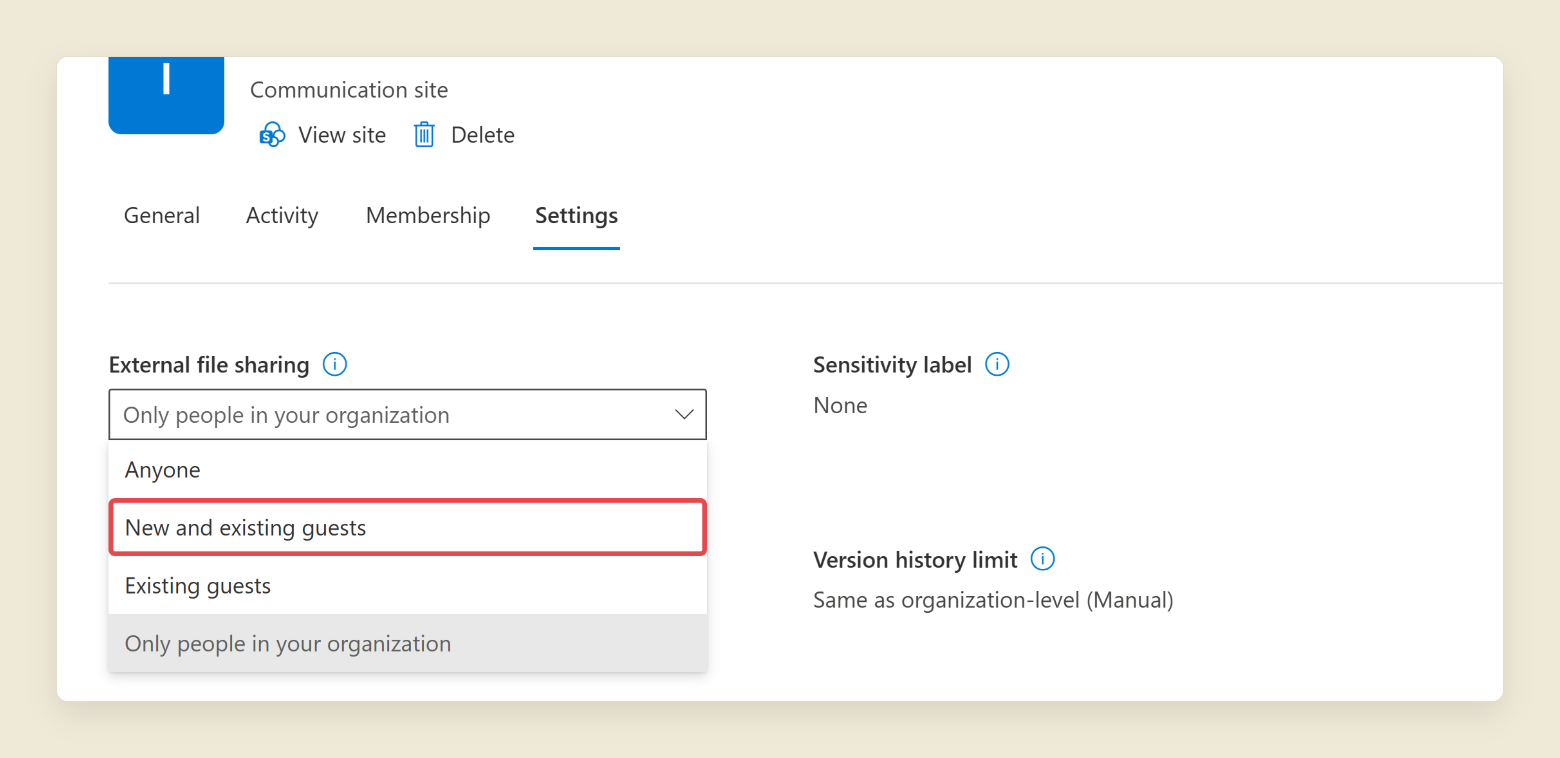 The Settings tab for a site in the SharePoint admin center. The External file sharing dropdown is open, showing Anyone, New and existing guests, Existing guests and Only people in your organization. New and existing guests is ringed.