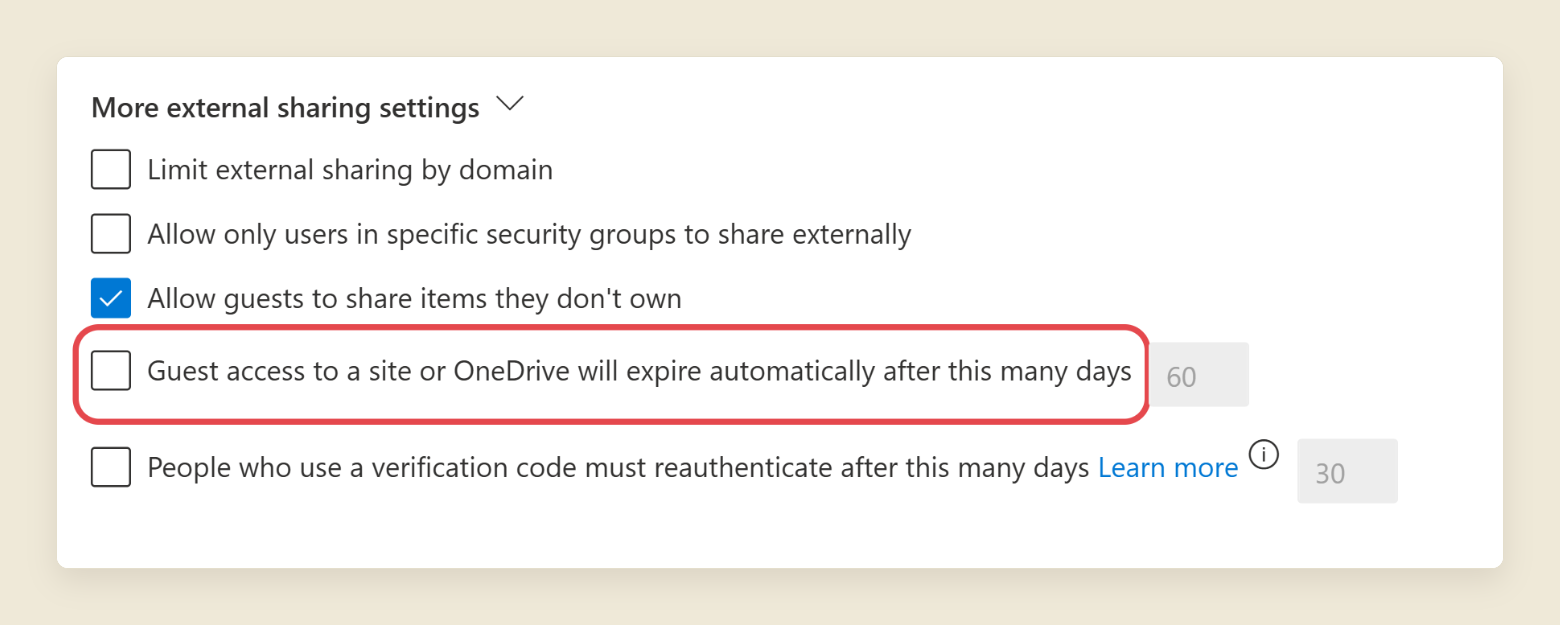 More external sharing settings in the SharePoint admin center. Allow guests to share items they don't own is ticked. Guest access to a site or OneDrive will expire automatically after this many days is unticked and ringed, with 60 greyed out beside it.